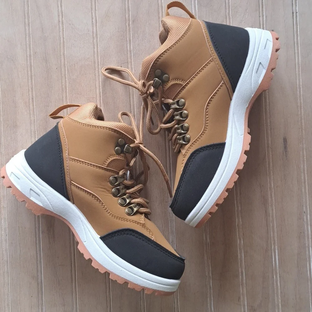 NWT Beverly Hills Polo Club Youth Causal Brown Blk Leather Lace-Up Hiking Boots - Picture 5 of 13